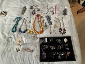 lot 61 image: Assorted Costume Jewelry Lot - Necklaces, Bracelets, Rings & Earrings