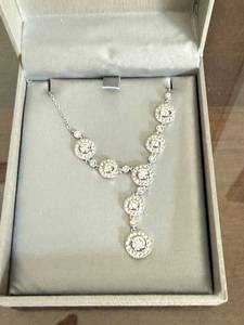 lot 68 image: Crystal Halo Disc Necklace - Y-shaped Drop, Silver-tone with Clear Stones