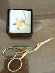 lot 69 image: Gold-Tone Hummingbird Pendant Necklace with Pink Wing Details and Vintage Crane Scissors