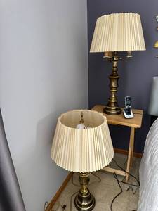 lot 73 image: Vintage Brass Floor Lamp & Table Lamp Pair with Pleated Ivory Shades