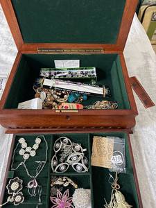 lot 76 image: Wooden Jewelry Box - Assorted Costume Jewelry, Necklaces, Bracelets, Brooches