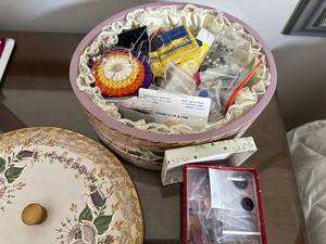 lot 77 image: Vintage Floral Round Tin Box with Lid - Craft & Sewing Supplies Inside