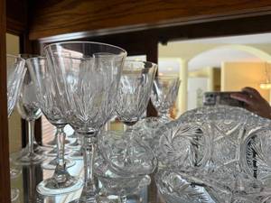 lot 89 image: Crystal Cut Glassware Set - Assorted Stemware & Centerpiece Bowl