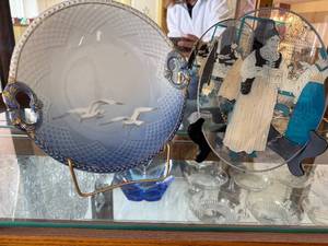 lot 91 image: Two-Piece Danish Porcelain Plate Set - Blue Gradient Crane Motif & Transfer Scene