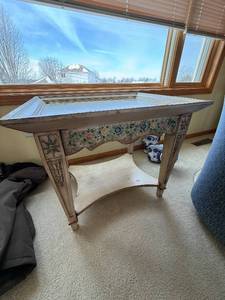 lot 96 image: Vintage Floral Painted Console Table - Distressed White Finish, 28 in Long
