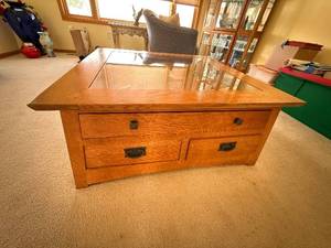 lot 99 image: Oak Coffee Table with Glass Top - 3 Drawers