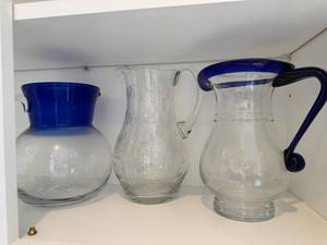 lot 313 image: Glass Carafes - 3-Piece Clear Set with Blue Accents