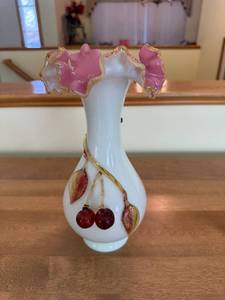 lot 315 image: Cherry Motif Porcelain Vase with Pink Ruffled Rim & Gold Trim - 9.5-10 in, Decorative