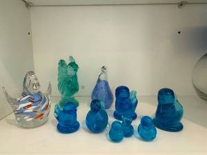 lot 316 image: Blue Glass Figurines Set - Hand-Blown Art Glass (Lot of 9)