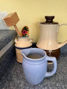 lot 332 image: Blue Ceramic Pitcher - Cream Canister with MUL - Floral Spoon - Brown Base Coffee Carafe