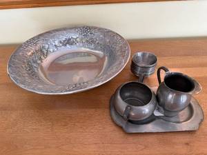 lot 340 image: Pewter Plate with Grapevine Rim  Creamer & Two Cups on Tray
