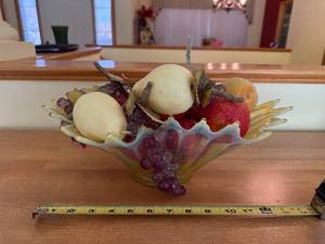 lot 343 image: Fruit Bowl - Iridescent Glass Centerpiece with Faux Pears & Grapes