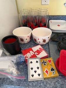 lot 344 image: Playing Card Suit Glass Tumblers - 9 Clear Card-Theme Cups with Bowls & Plates