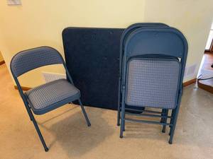 lot 100A image: Blue Stackable Folding Chairs and Folding Card Table - Event Seating (Lot of 5)