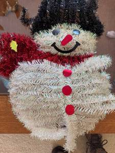 lot 359 image: Snowman Christmas Decoration - White Tinsel with Red Buttons, Black Hat & Scarf