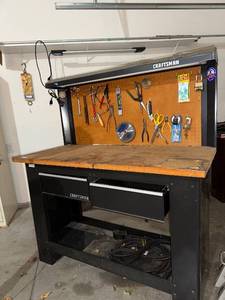 lot 425 image: Craftsman Workbench with Pegboard Back - Wooden Top, Drawer Cabinet
