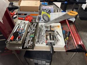 lot 437 image: Buck Bros Saw & Tool Lot - Hand Tools, Sockets, Wrenches, Vise, Level & Organizers