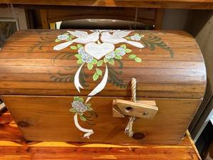 lot 470 image: Vintage Wooden Chest with Dove Heart Motif - Curved Lift-Top Rope Latch, Decorative