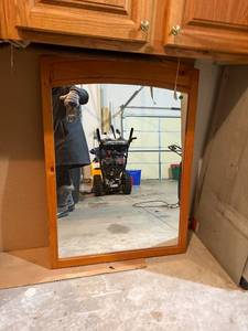 lot 473 image: Arch-Top Wood Frame Wall Mirror - Natural Finish