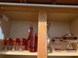 lot 478 image: Ruby Red Glass Goblets (6) with Decanter & 2 Crystal Candy Dishes