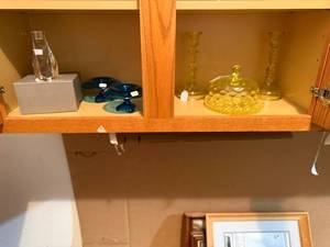 lot 483 image: Glassware Lot Clear Glass Sculpture, Teal Glass Dishes, Yellow Cloche, Candlesticks