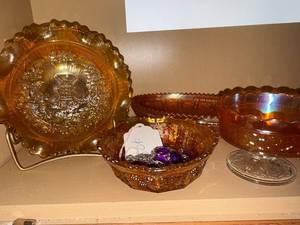 lot 494 image: Amber Carnival Glass Plate & Bowls Set - Pressed Glass, Ruffled Edges