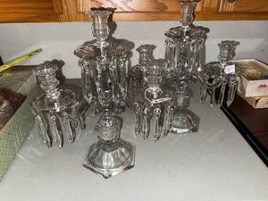 lot 522 image: Crystal Candelabra Set - 2 Clear Glass Chandeliers with Prism Drops