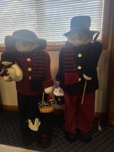 lot 101 image: Pair of 45-Inch Plush Standing Snowman Figures with Winter Accessories