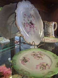 lot 110 image: Collection of Antique Porcelain Plates, Serving Pieces, and Decorative Pitcher