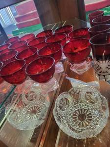lot 112 image: Vintage Ruby Red Cut Glass Goblets, Tumblers, and Pressed Glass Fruit Bowl Set