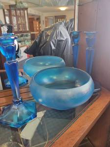 lot 120 image: Blue Iridescent Glass Bowl and Candlestick Set