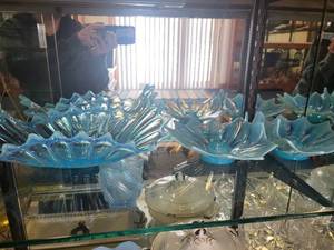 lot 129 image: Set of Blue Opalescent Glass Bowls and Centerpiece Tray