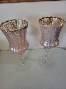 lot 134 image: Pair of Pink Mercury Glass Hurricane Candle Holders