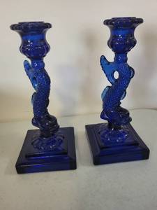 lot 135 image: Pair of Imperial Glass Cobalt Blue Dolphin Candlestick Holders