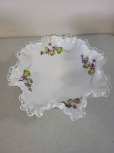 lot 138 image: Fenton Ruffled Edge Milk Glass Compote with Hand-Painted Floral Design