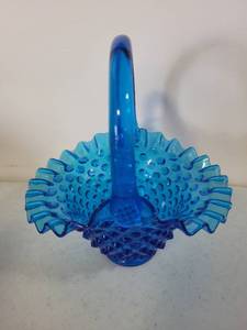 lot 140 image: Blue Hobnail Glass Basket with Ruffled Edge
