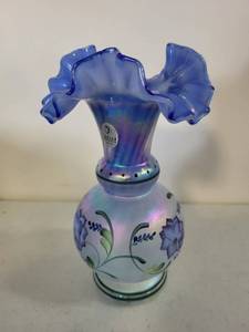 lot 141 image: Fenton Blue Iridescent Handpainted Glass Vase with Ruffled Edge