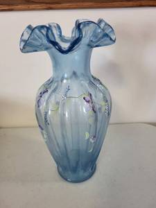 lot 142 image: Hand-Painted Blue Glass Vase with Floral Design