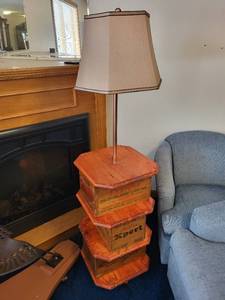 lot 155 image: Floor Lamp with Vintage Wooden Ammunition Crate Base and Fabric Shade