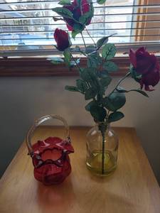 lot 162 image: Fenton Handmade Red Glass Basket with Twisted Clear Handle