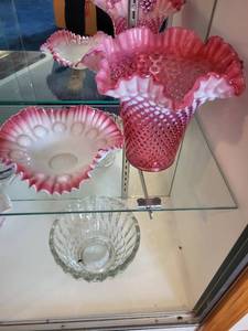 lot 167 image: Fenton Pink Hobnail Glass Vase, Ruffled Bowl, and Clear Crystal Bowl Collection