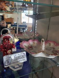 lot 168 image: Fenton Handpainted Red Glass Basket and Floral Porcelain Divided Dish