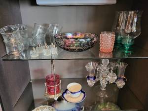 lot 174 image: Collection of Vintage Glassware, Candelabra, Cups, and Dishes
