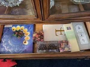 lot 181 image: Entertaining Set with Egg Relish Plate, Williams-Sonoma Pastel Tiny Tapers, and Stationery Cards