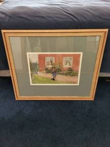 lot 206 image: Framed Print of Girl with Cat by Garden, Up North Gallery Matting, 32x27 Inches
