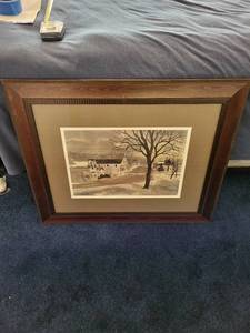 lot 208 image: Framed Winter Village Watercolor Print Signed by Topp
