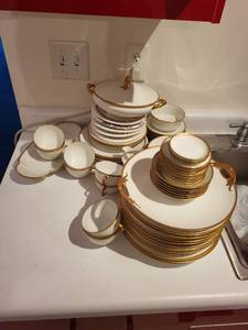 lot 212 image: Antique Porcelain Dinnerware Set with Gold Trim and Serving Pieces
