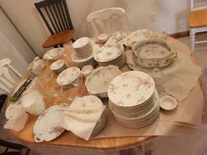 lot 221 image: Vintage Floral China Dinnerware Set with Serving Pieces and Glassware