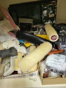 lot 271 image: Cabinet with Hand Tools, Painting Supplies, and Light Fixtures