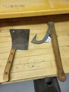 lot 275 image: Vintage Meat Cleaver and Logging Peavey Tool Set
